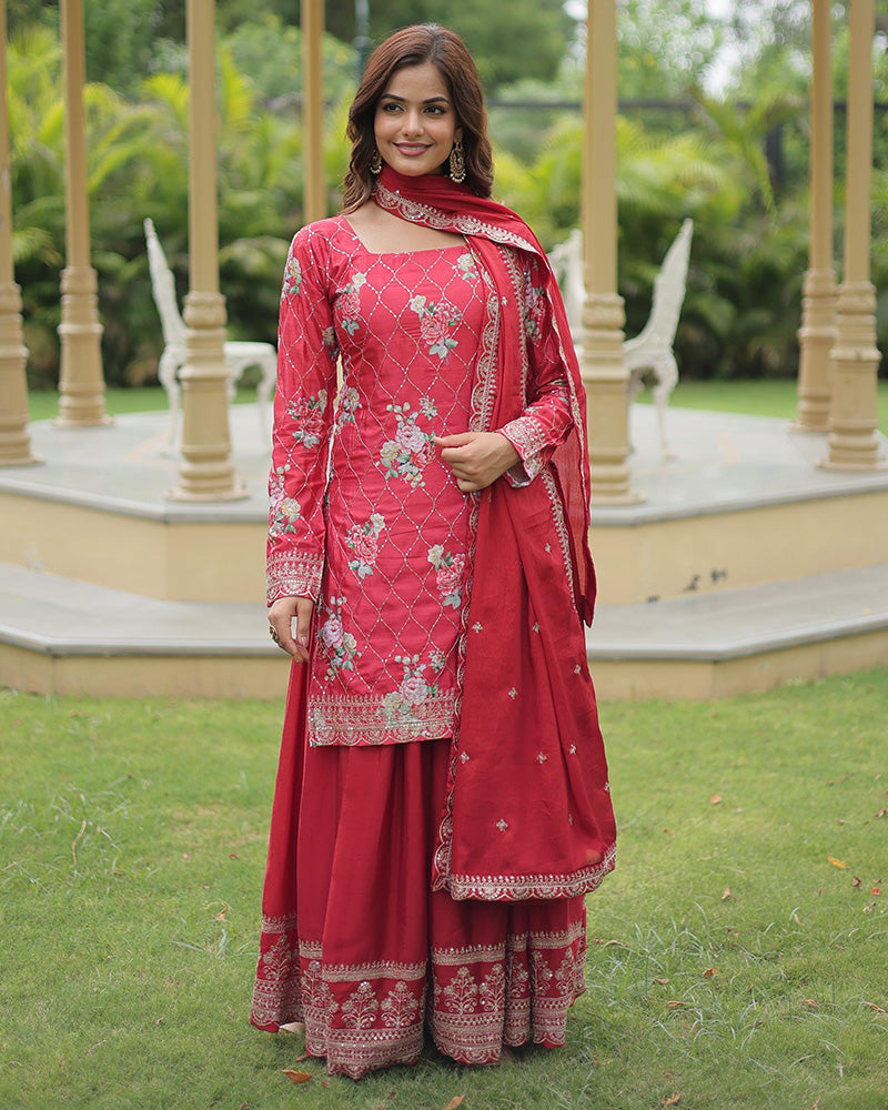 Rani Pink Color Chinnon Embroidered Three Piece Plazzo Suit