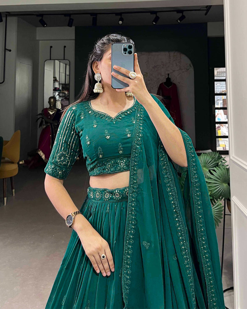 Designer Bottle Green Color Georgette Embroidered Lehenga Choli