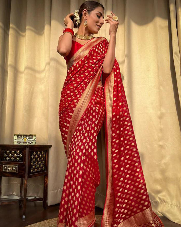 Designer Red Color Zari Weaving Banarasi Silk Saree