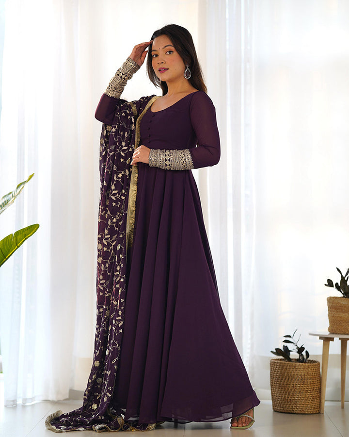 Wine Color Soft Georgette Anarkali With Heavy Dupatta Work