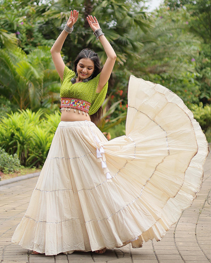 Parrot Green Color Choli With Off-White Kora Cotton Lehenga