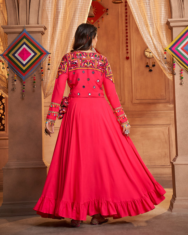 Rani Pink Color Viscose Rayon Frill And Real Mirror Work Navratri Lehenga Choli