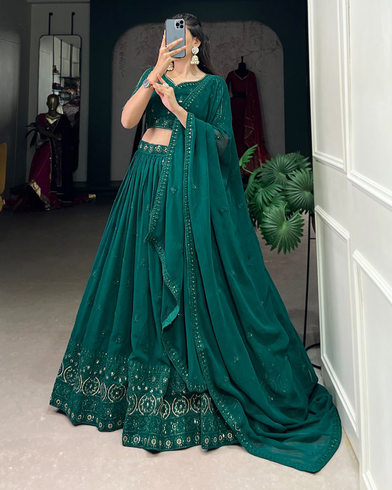 Designer Bottle Green Color Georgette Embroidered Lehenga Choli