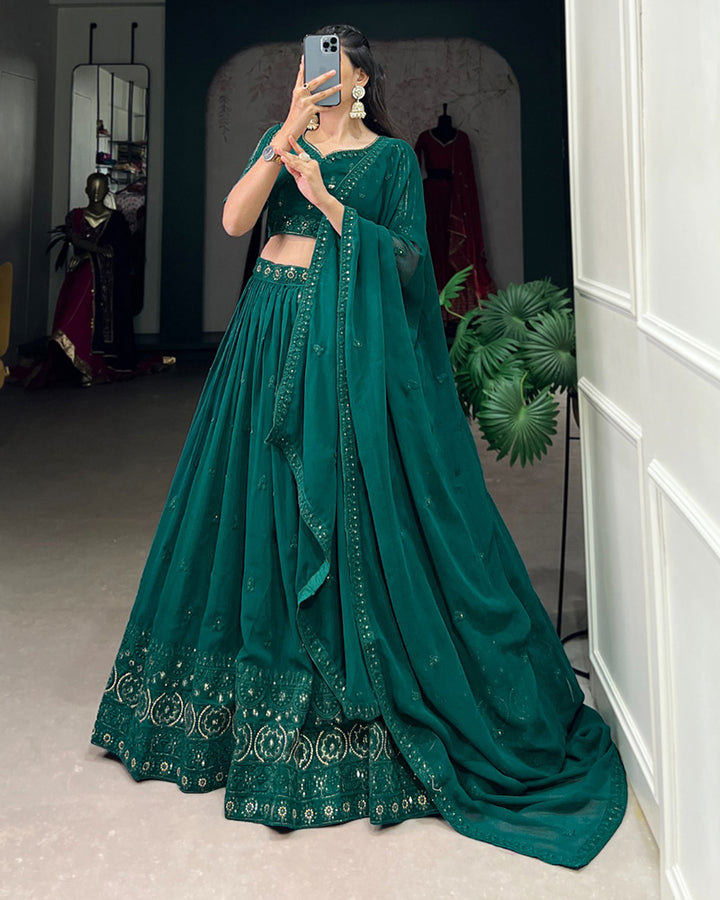 Designer Bottle Green Color Georgette Embroidered Lehenga Choli