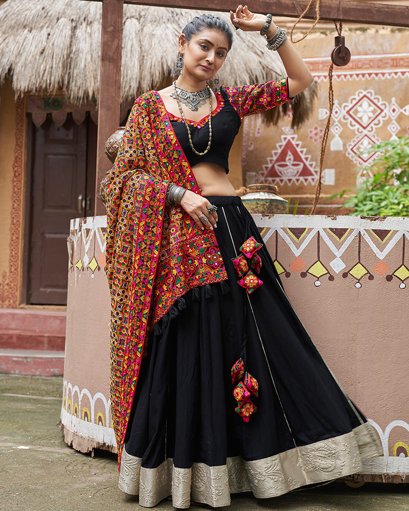 Black Color Viscose Rayon Fully Stitched Navratri Lehenga Choli