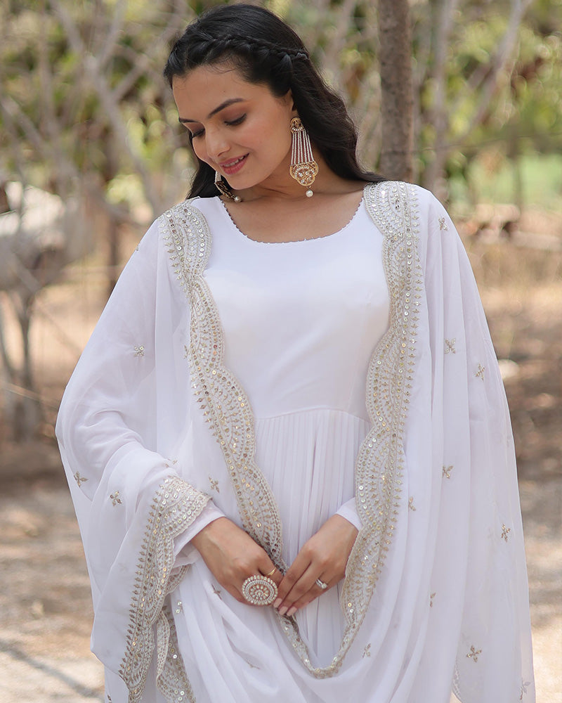 White Color Faux Blooming Gown With Embroidered Dupatta