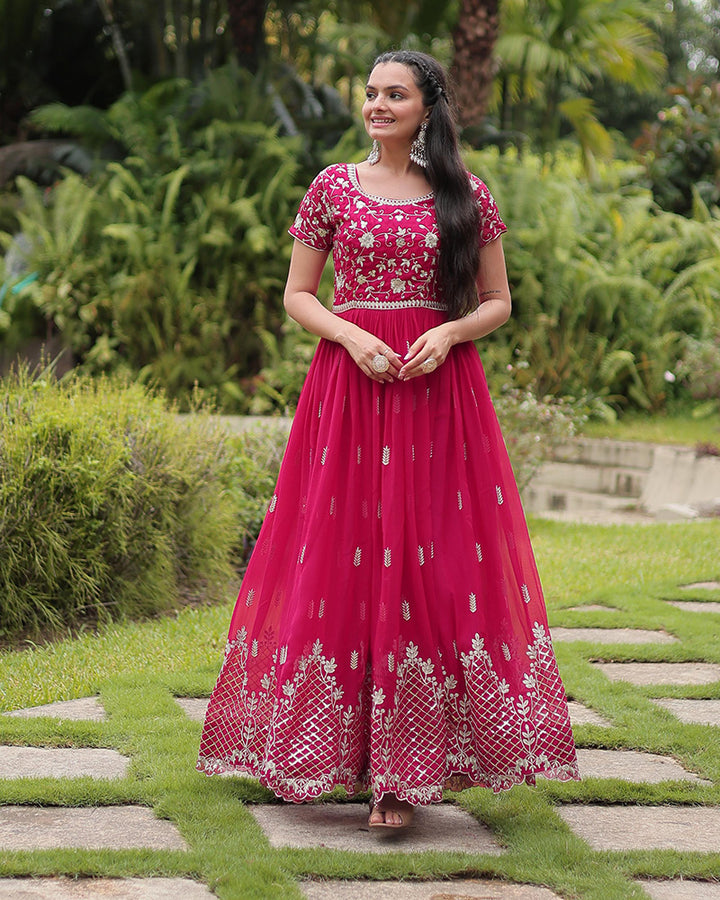 Beautiful Rani Color Zari Embroidered Anarkali Gown