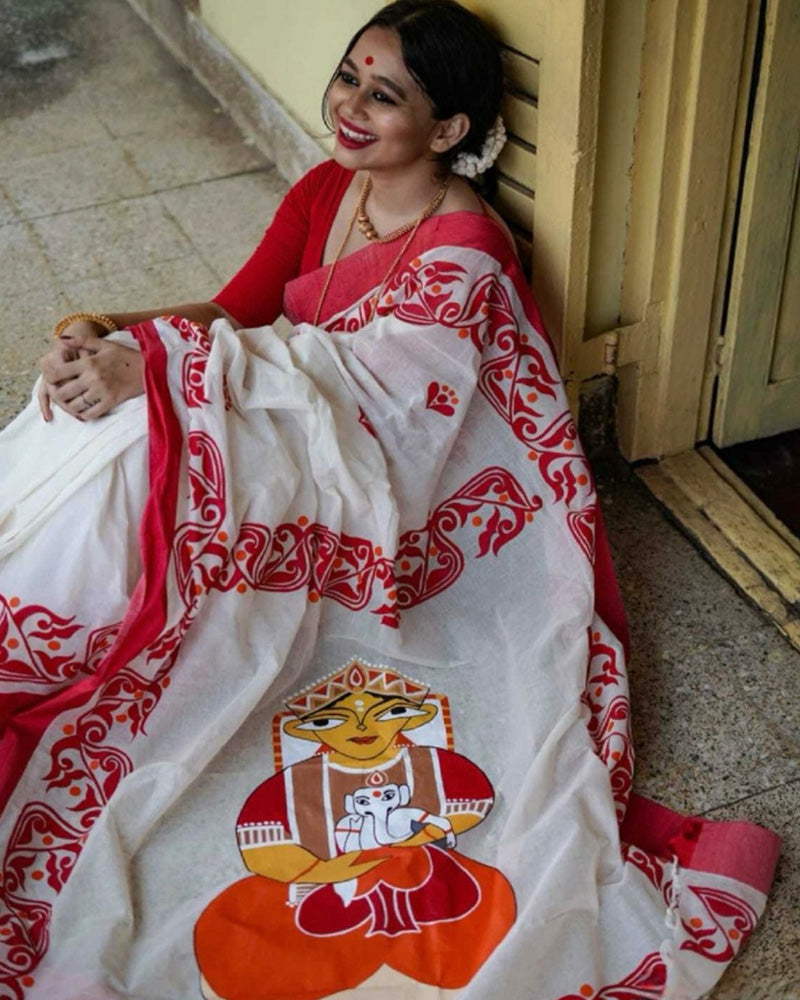 Designer White And Red Color Banarasi Saree