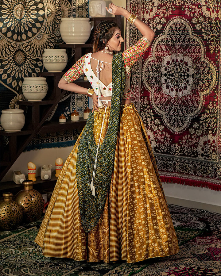 Mustard Yellow Color Malai Satin Digital Print Lehenga Choli