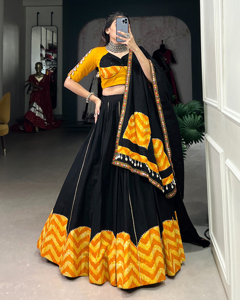 Mustard Black Color Cotton Navratri Lehenga Choli