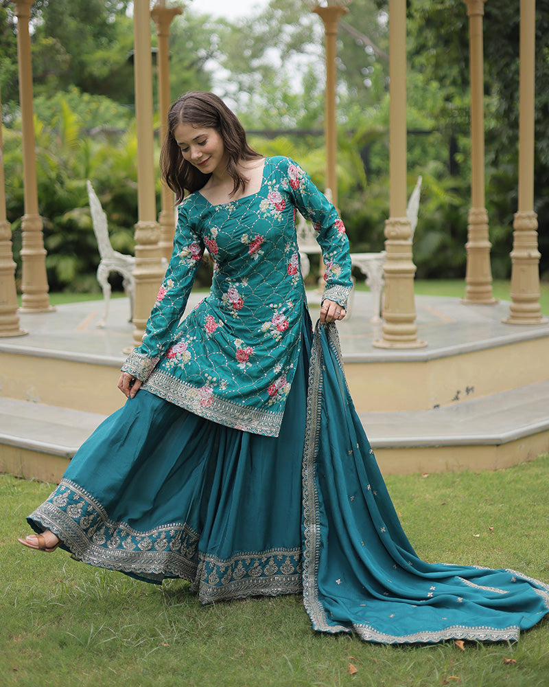 Rama Color Chinnon Embroidered Three Piece Plazzo Suit