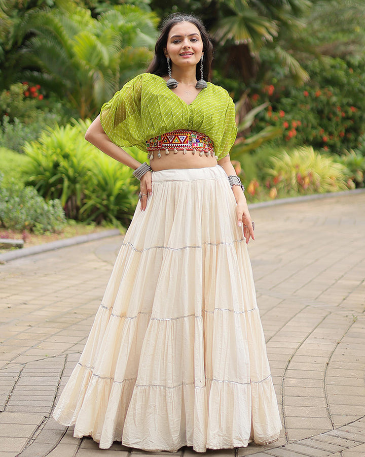 Parrot Green Color Choli With Off-White Kora Cotton Lehenga