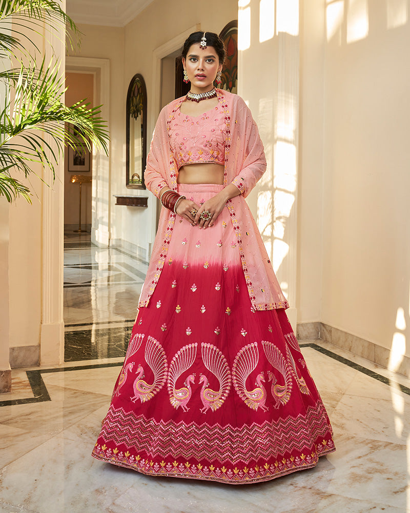 Art Silk Peach And Rani Pink Color Lehenga Choli