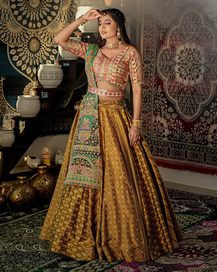 Mustard Yellow Color Malai Satin Digital Print Lehenga Choli