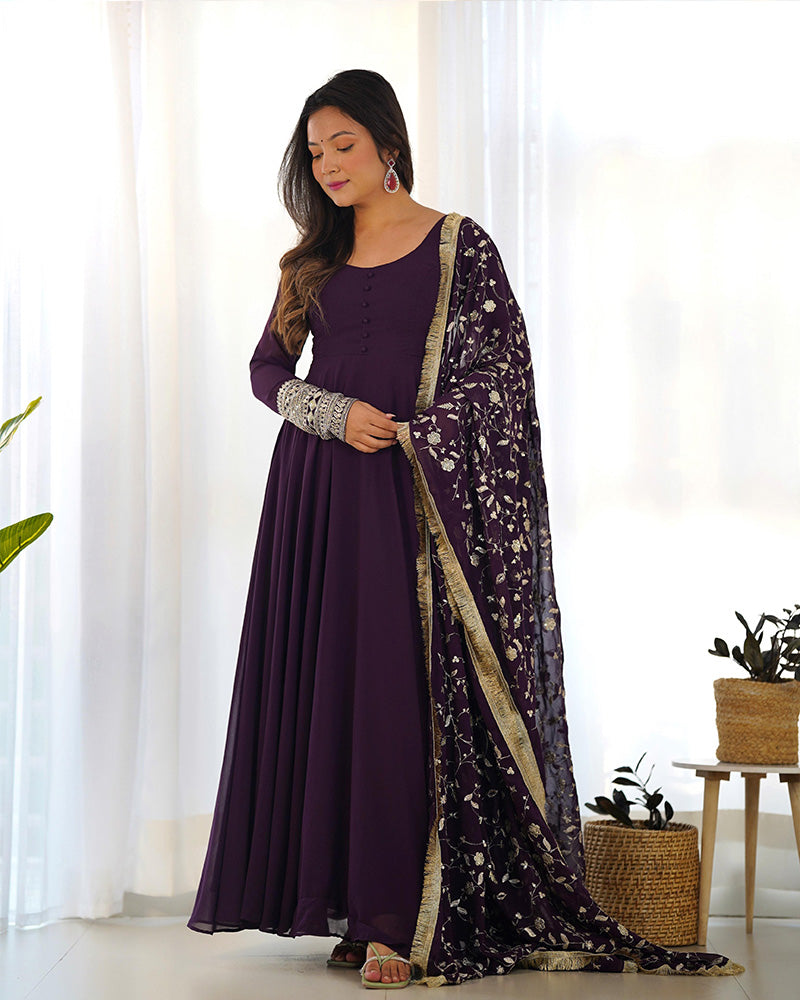 Wine Color Soft Georgette Anarkali With Heavy Dupatta Work