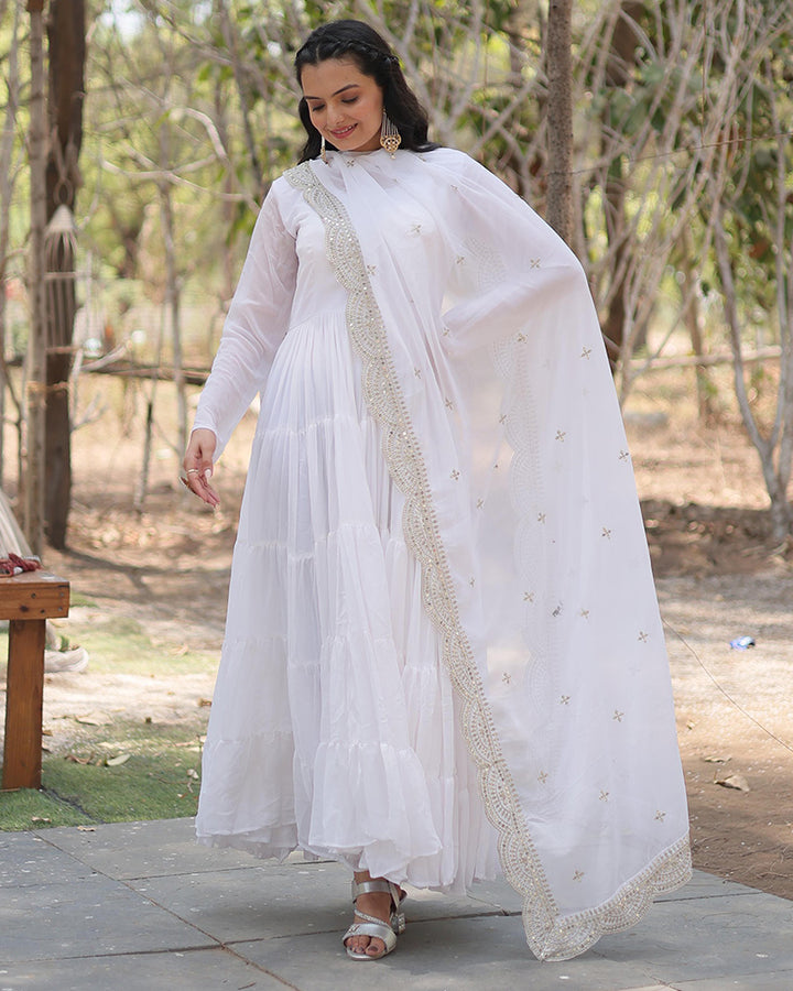 White Color Faux Blooming Gown With Embroidered Dupatta