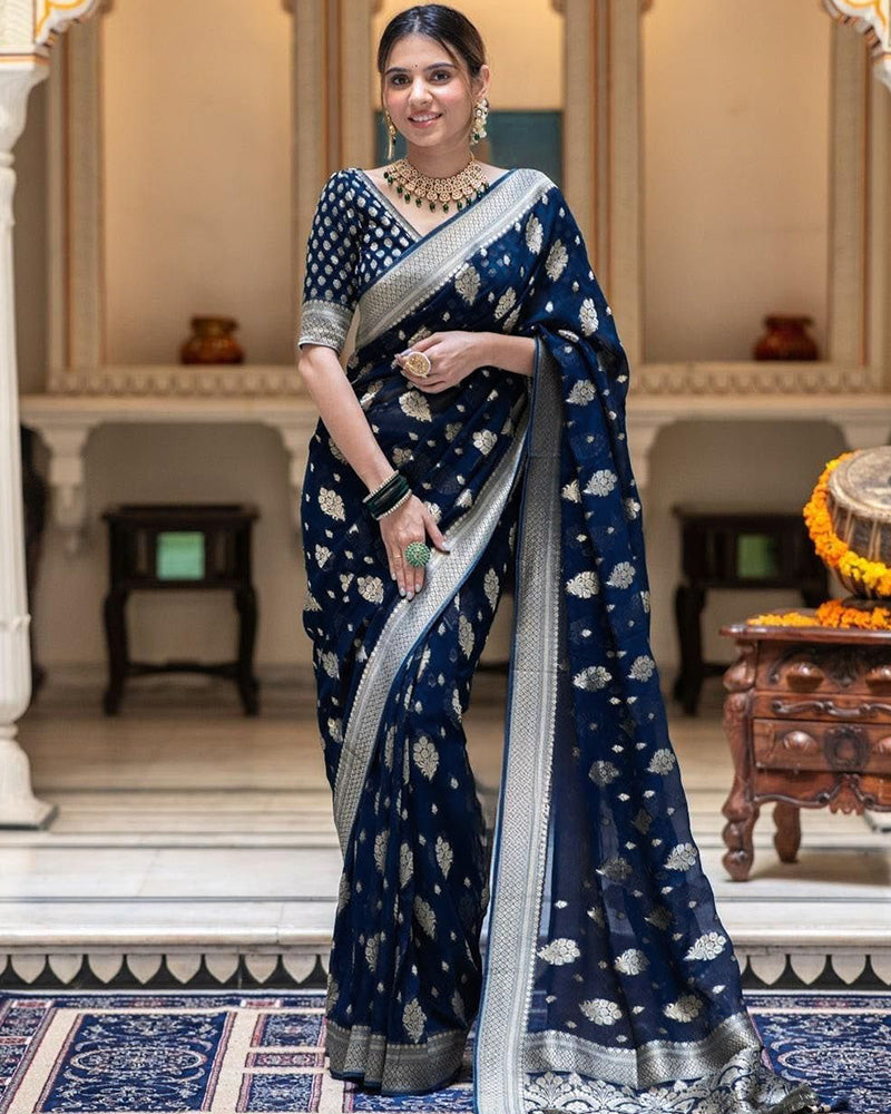 Designer Navy Blue Color All over Jacquard Banarasi Silk Saree