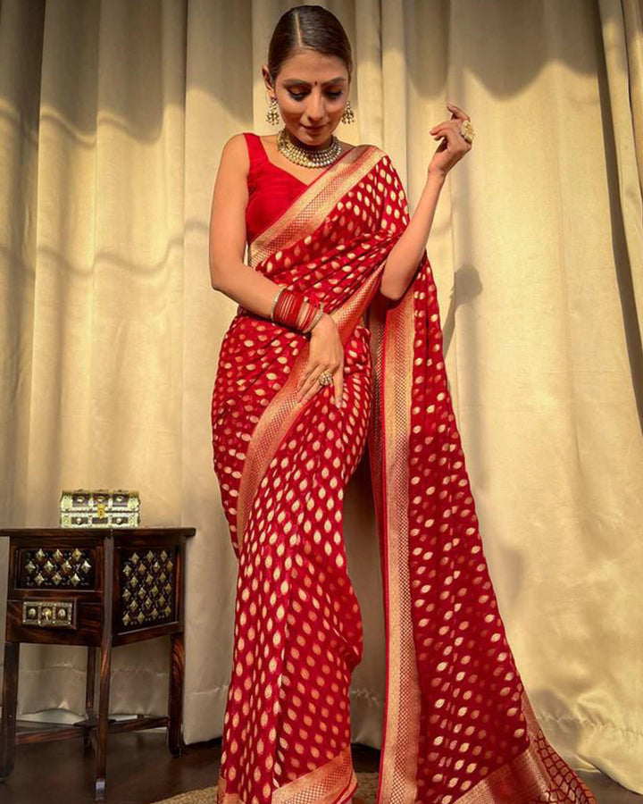 Designer Red Color Zari Weaving Banarasi Silk Saree