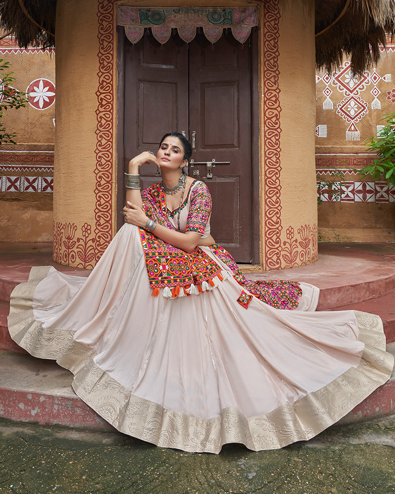 Biege Color Viscose Rayon Fully Stitched Navratri Lehenga Choli