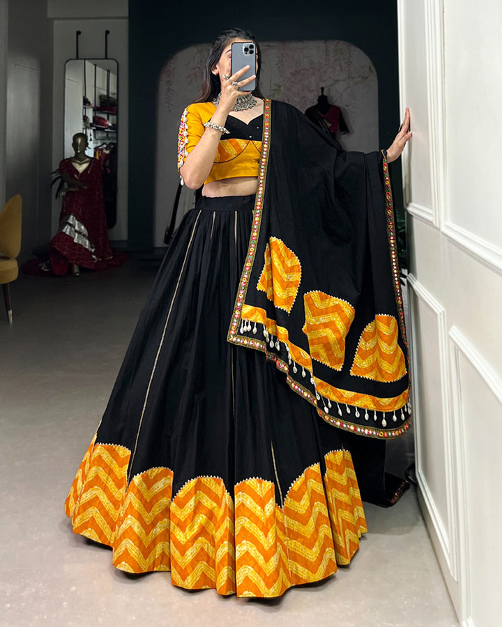 Mustard Black Color Cotton Navratri Lehenga Choli