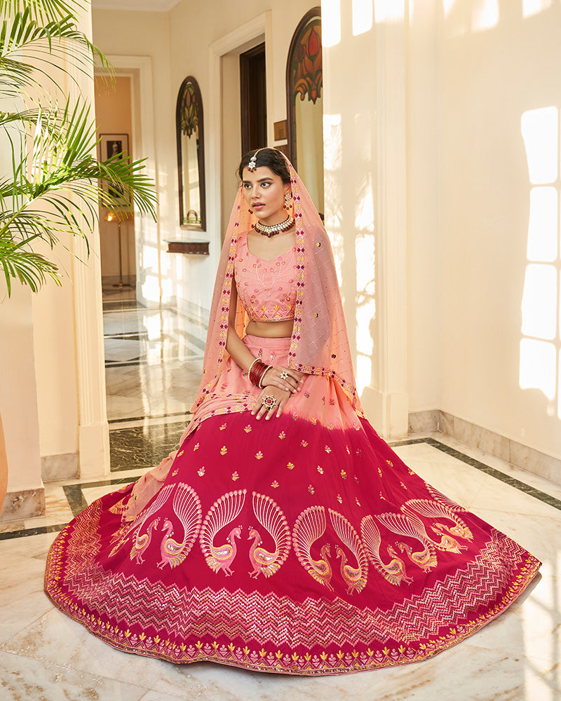 Art Silk Peach And Rani Pink Color Lehenga Choli