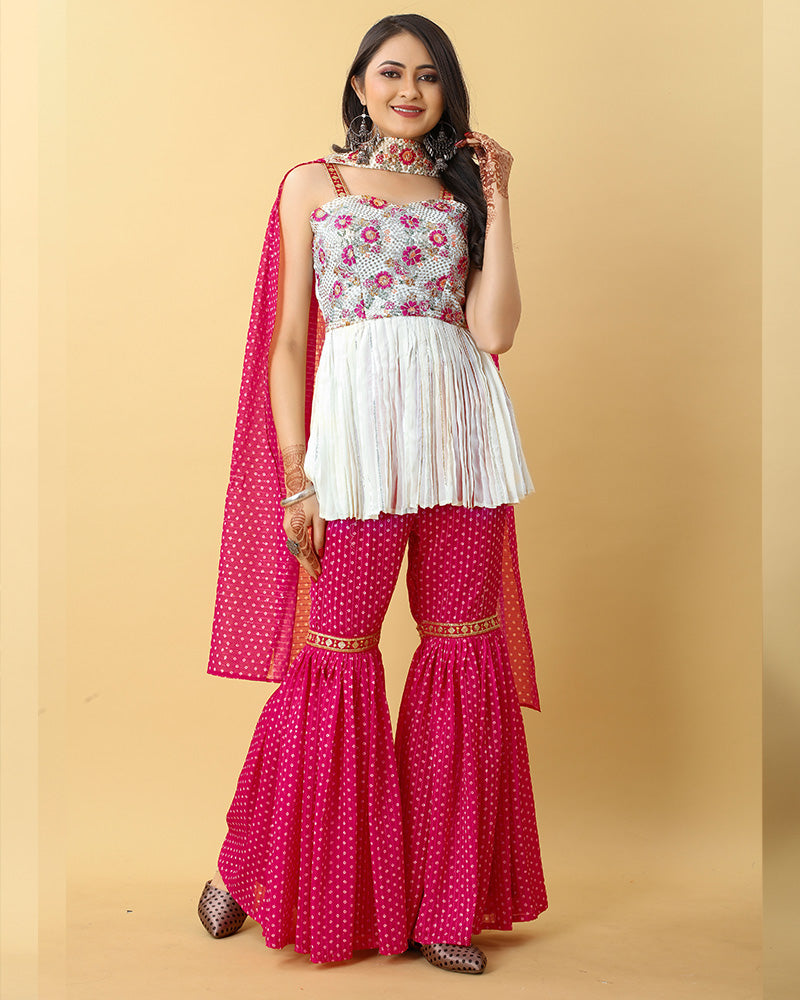 Rani Pink Color Faux Georgette Three Piece Sharara Suit