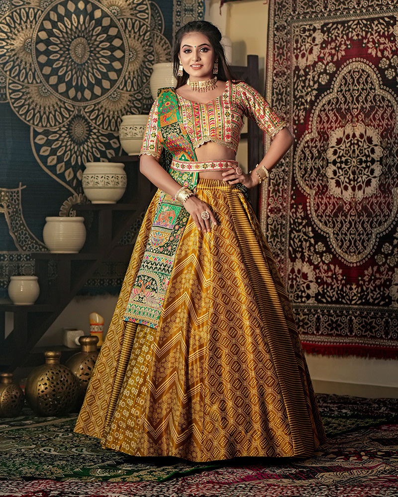 Mustard Yellow Color Malai Satin Digital Print Lehenga Choli