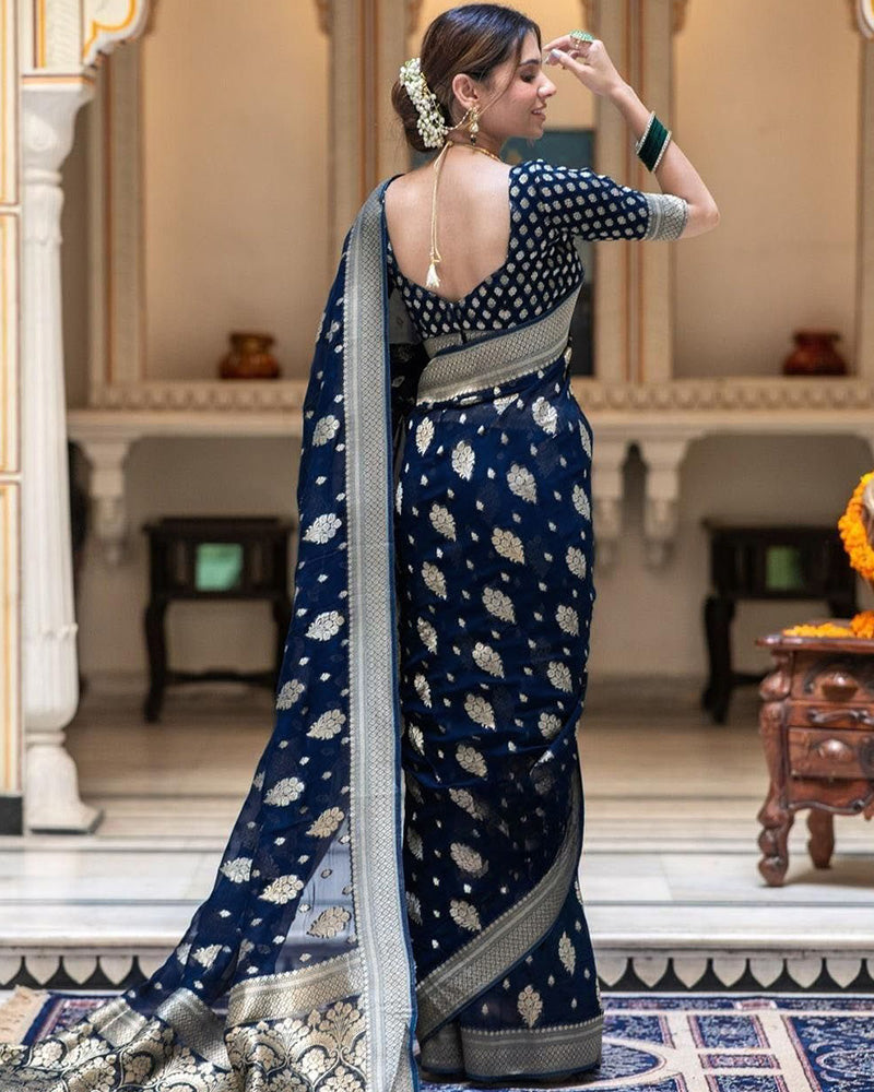 Designer Navy Blue Color All over Jacquard Banarasi Silk Saree