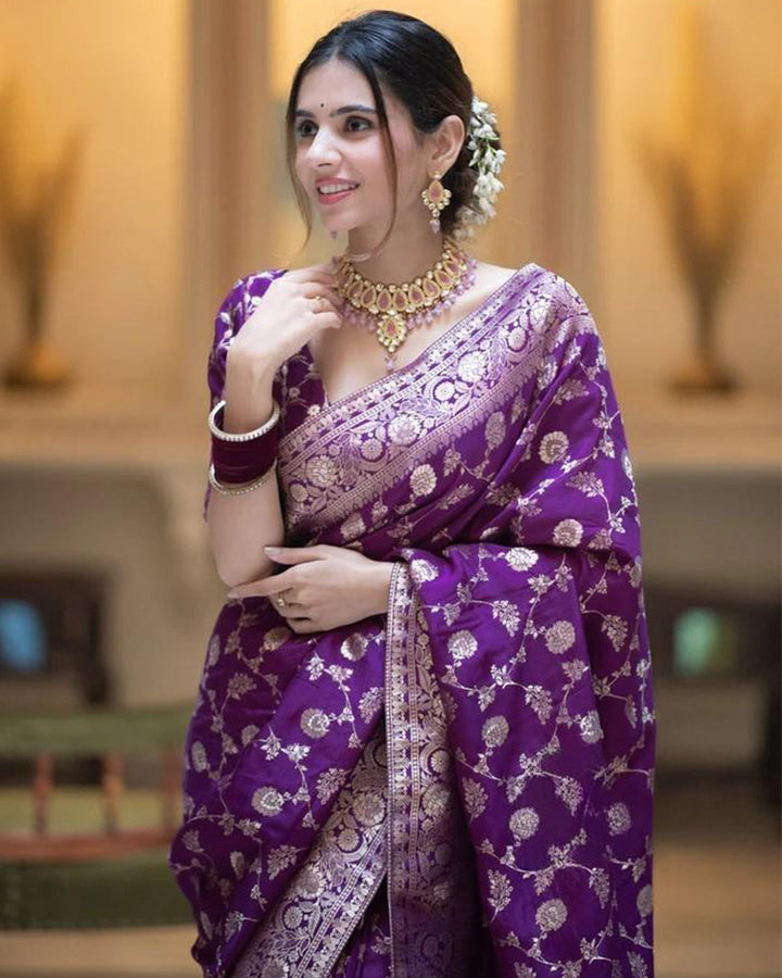 Designer Purple Color Zari Work Banarasi Silk Saree