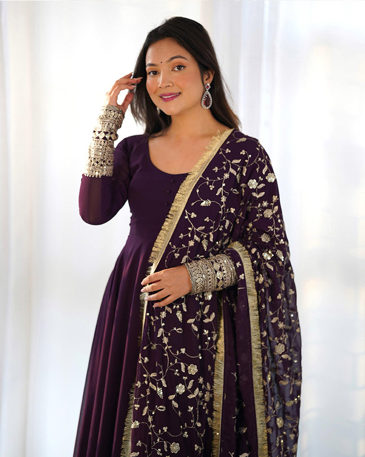 Wine Color Soft Georgette Anarkali With Heavy Dupatta Work