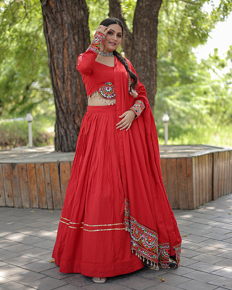 Navratri Wear Red Color Rayon Lehenga Choli