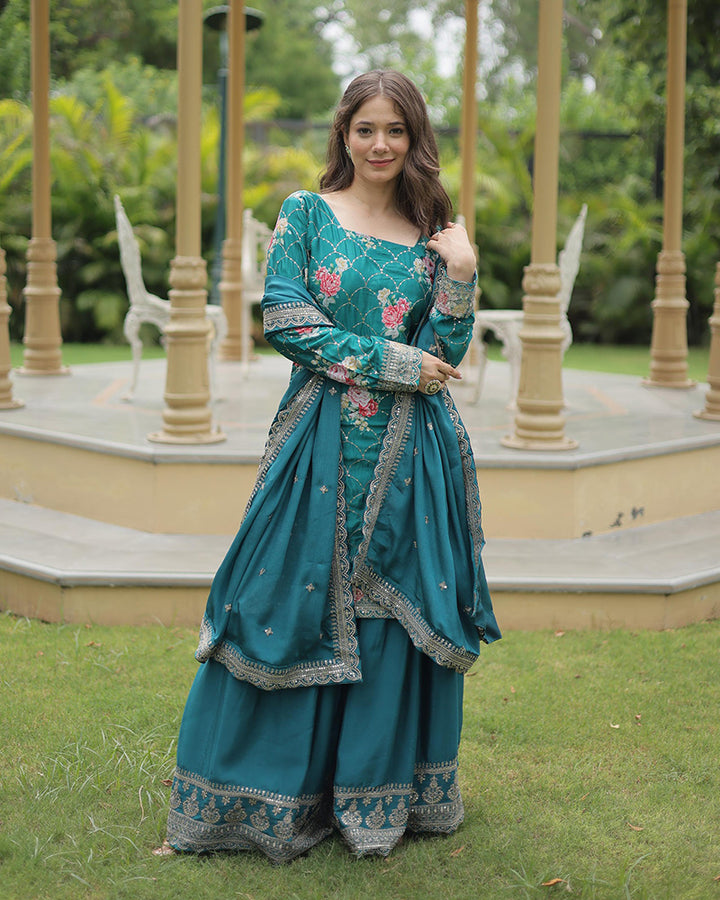 Rama Color Chinnon Embroidered Three Piece Plazzo Suit