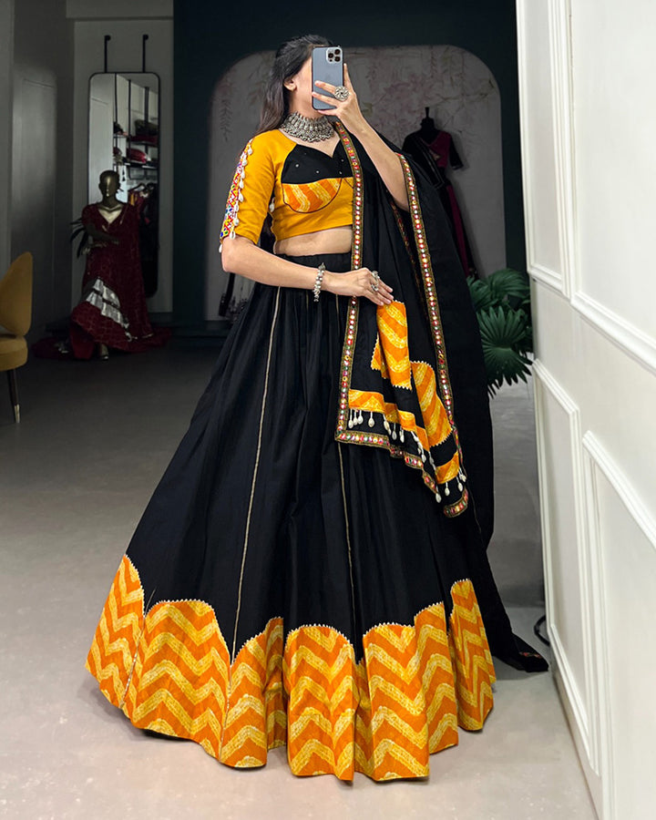 Mustard Black Color Cotton Navratri Lehenga Choli