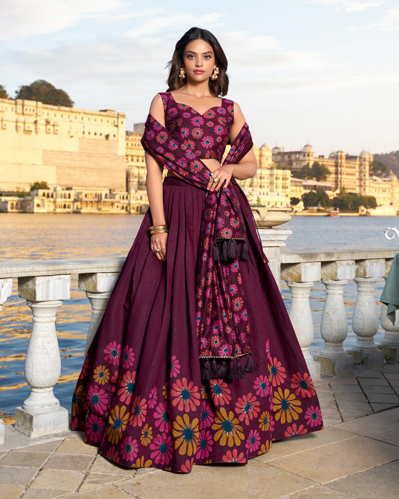 Floral Print Wine Color Tussar Silk Lehenga Choli