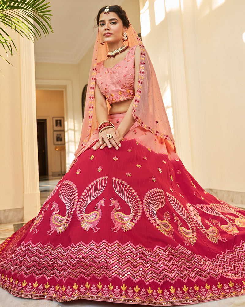 Art Silk Peach And Rani Pink Color Lehenga Choli