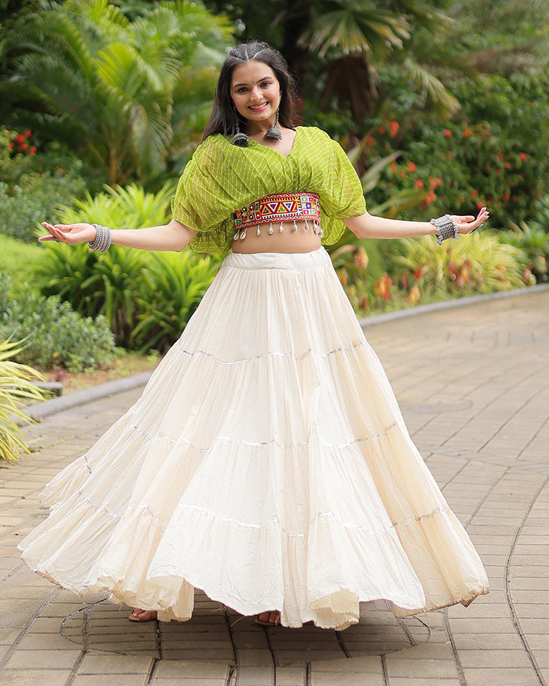 Parrot Green Color Choli With Off-White Kora Cotton Lehenga