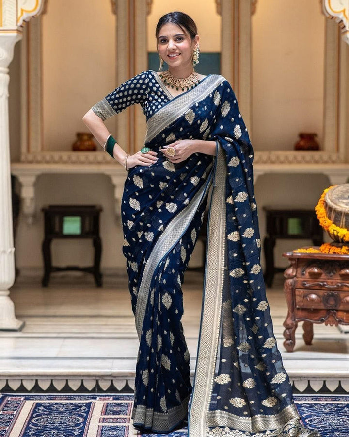 Designer Navy Blue Color All over Jacquard Banarasi Silk Saree