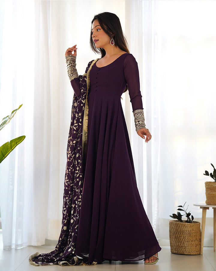 Wine Color Soft Georgette Anarkali With Heavy Dupatta Work