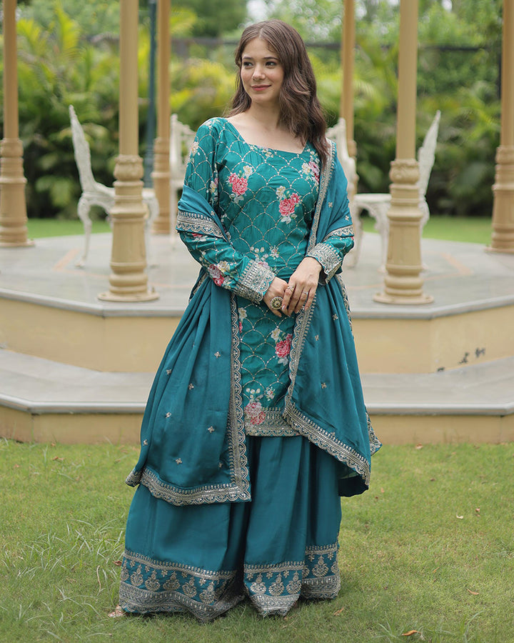 Rama Color Chinnon Embroidered Three Piece Plazzo Suit