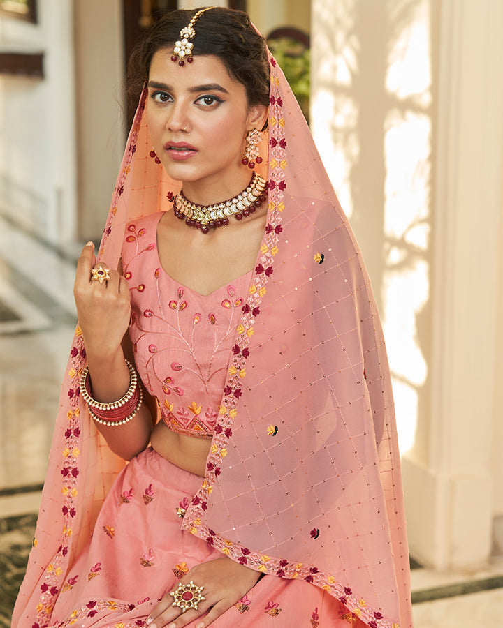 Art Silk Peach And Rani Pink Color Lehenga Choli