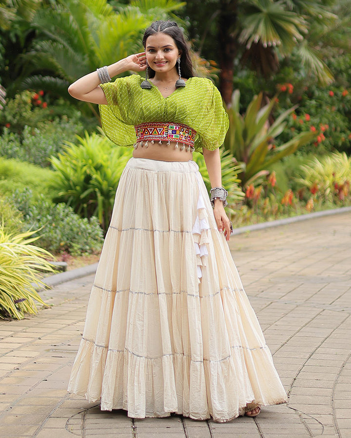 Parrot Green Color Choli With Off-White Kora Cotton Lehenga