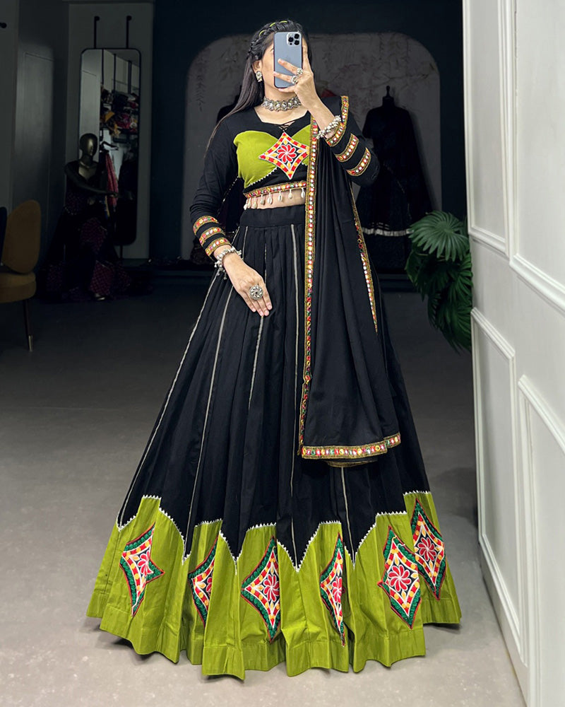 Parrot Green And Black Color Cotton Navratri Lehenga Choli