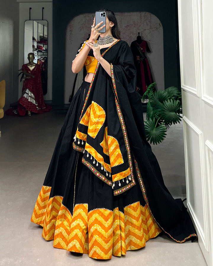 Mustard Black Color Cotton Navratri Lehenga Choli