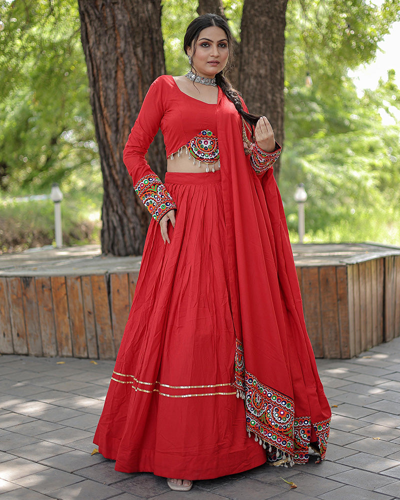 Navratri Wear Red Color Rayon Lehenga Choli