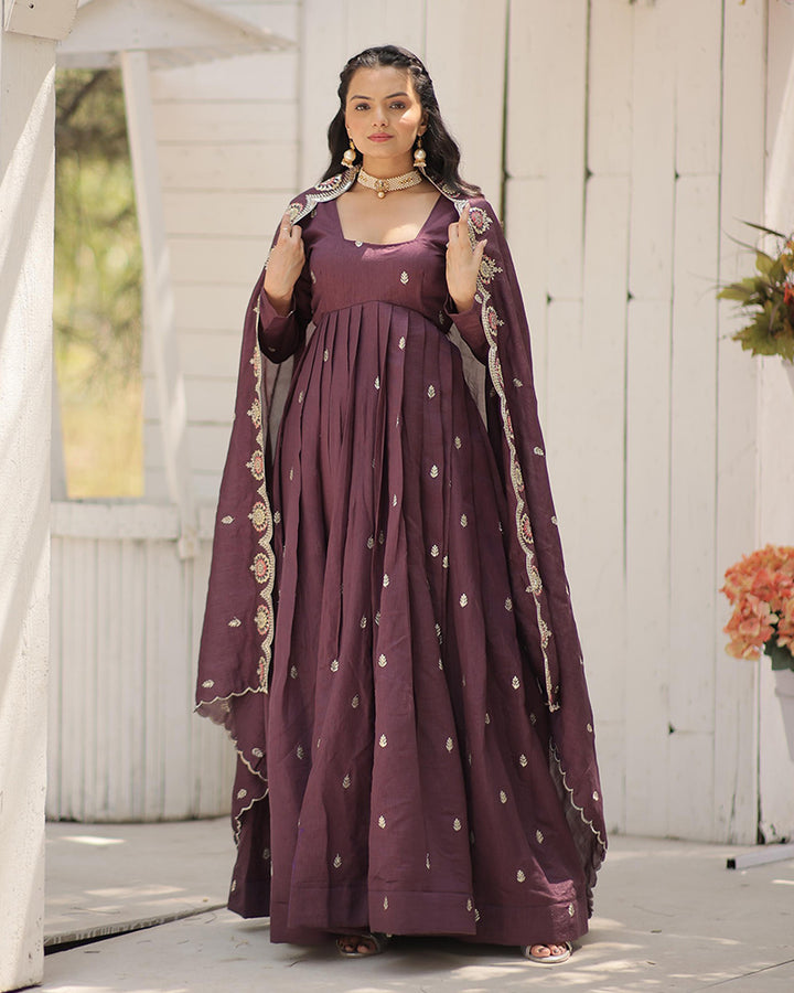 Beautiful Onion Color Shimmer Gown With Embroidered Dupatta