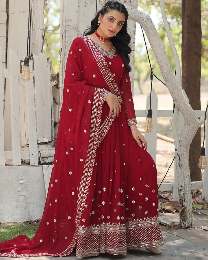 Maroon Color Georgette Gown With Embroidered Dupatta