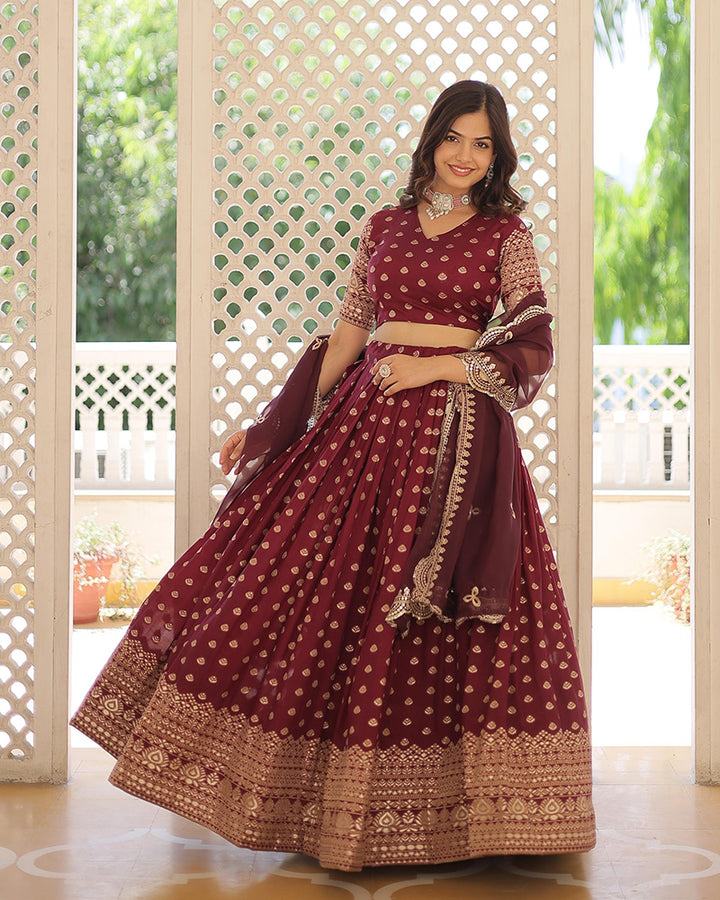 Designer Wine Color Viscose Jacquard Lehenga Choli