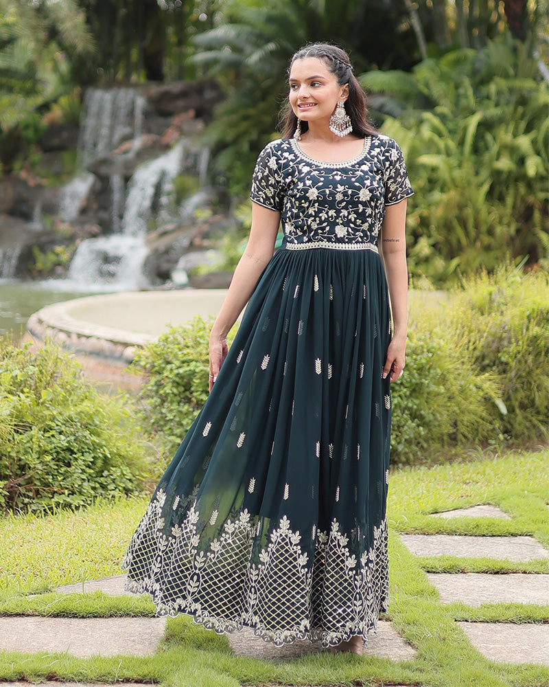 Beautiful Mehndi Color Zari Embroidered Anarkali Gown