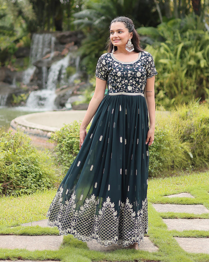 Beautiful Mehndi Color Zari Embroidered Anarkali Gown