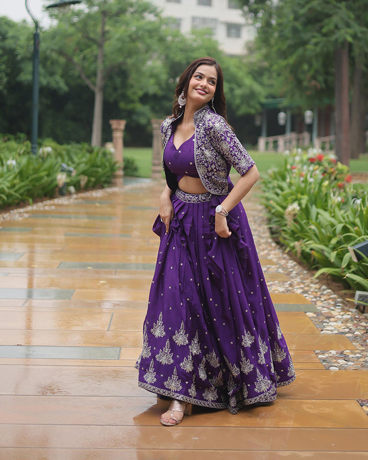 Dark Purple Color Pure Chinon Embroidered Lehenga Choli